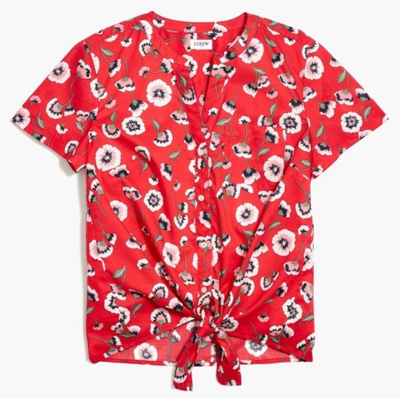 J. Crew Tops - J Crew Red Floral Poppy Tie Front Top Blouse Short Sleeve Small